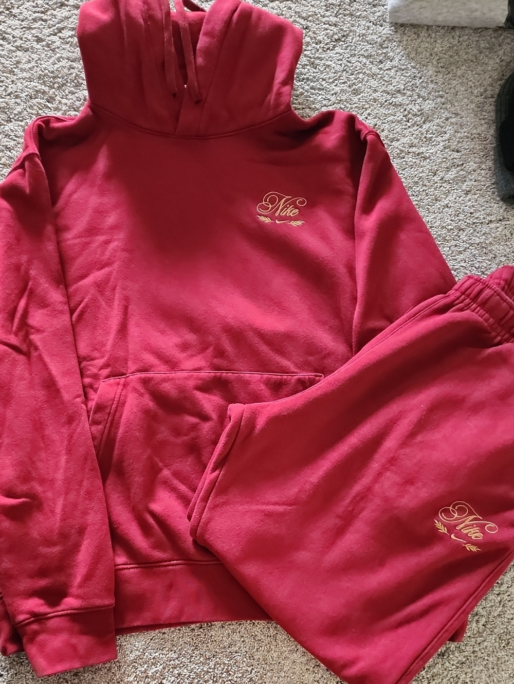 Nike Deep Red Hooded Pajama Set with Gold Script Logo